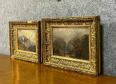 Pendant de tableaux ( huile sur panneau XIXeme ) vue des Alpes en automne et en hivers. | Puces Privées
