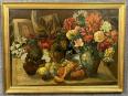 Grande huile sur toile époque XIXeme  nature morte aux fleurs, fruits et livre ouvert  Signature de Southwick | Puces Privées