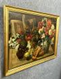 Grande huile sur toile époque XIXeme  nature morte aux fleurs, fruits et livre ouvert  Signature de Southwick | Puces Privées