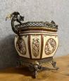 Majolica sarreguemines : Très rare cache pot japonisant en céramique et bronze vers 1880. | Puces Privées