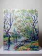 Tableau coloré paysage rivière et village huile sur toile vintage signé Gaulot | Puces Privées
