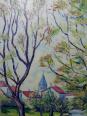 Tableau coloré paysage rivière et village huile sur toile vintage signé Gaulot | Puces Privées