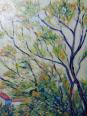 Tableau coloré paysage rivière et village huile sur toile vintage signé Gaulot | Puces Privées