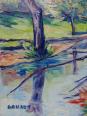 Tableau coloré paysage rivière et village huile sur toile vintage signé Gaulot | Puces Privées