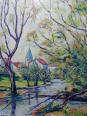 Tableau coloré paysage rivière et village huile sur toile vintage signé Gaulot | Puces Privées