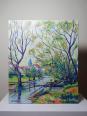 Tableau coloré paysage rivière et village huile sur toile vintage signé Gaulot | Puces Privées