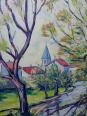Tableau coloré paysage rivière et village huile sur toile vintage signé Gaulot | Puces Privées