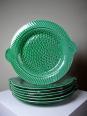 7 Assiettes plates anciennes poissons vert barbotine de Sarreguemines | Puces Privées