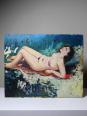 Tableau petit nu de femme allongée, style naïf huile sur panneau vintage | Puces Privées