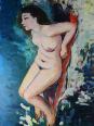 Tableau petit nu de femme allongée, style naïf huile sur panneau vintage | Puces Privées
