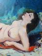 Tableau petit nu de femme allongée, style naïf huile sur panneau vintage | Puces Privées