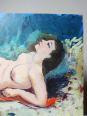 Tableau petit nu de femme allongée, style naïf huile sur panneau vintage | Puces Privées