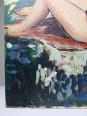 Tableau petit nu de femme allongée, style naïf huile sur panneau vintage | Puces Privées