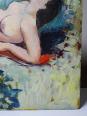 Tableau petit nu de femme allongée, style naïf huile sur panneau vintage | Puces Privées
