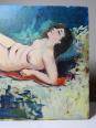 Tableau petit nu de femme allongée, style naïf huile sur panneau vintage | Puces Privées