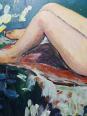 Tableau petit nu de femme allongée, style naïf huile sur panneau vintage | Puces Privées