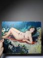 Tableau petit nu de femme allongée, style naïf huile sur panneau vintage | Puces Privées