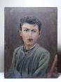 Grand portrait ancien, huile sur toile, jeune homme en blouse d'écolier XIXe-XXe | Puces Privées