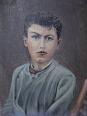 Grand portrait ancien, huile sur toile, jeune homme en blouse d'écolier XIXe-XXe | Puces Privées