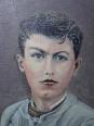 Grand portrait ancien, huile sur toile, jeune homme en blouse d'écolier XIXe-XXe | Puces Privées