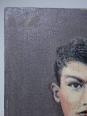 Grand portrait ancien, huile sur toile, jeune homme en blouse d'écolier XIXe-XXe | Puces Privées