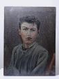 Grand portrait ancien, huile sur toile, jeune homme en blouse d'écolier XIXe-XXe | Puces Privées
