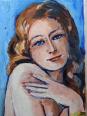 Tableau portrait nu de femme contre un mur, moderne huile sur panneau vintage | Puces Privées
