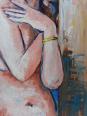 Tableau portrait nu de femme contre un mur, moderne huile sur panneau vintage | Puces Privées