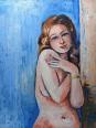 Tableau portrait nu de femme contre un mur, moderne huile sur panneau vintage | Puces Privées
