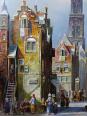 Grand tableau scène urbaine huile sur bois encadré John Haanstra vintage | Puces Privées