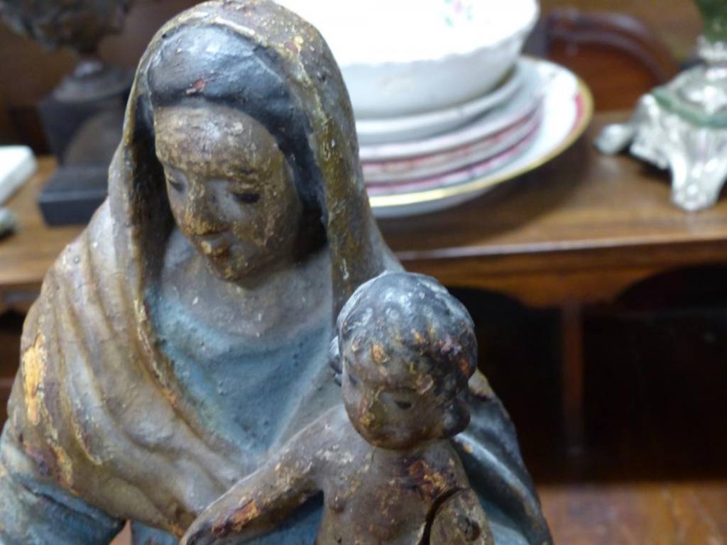 Statue xviii éme Vierge a l enfant bois polychrome tilleul louis xv 43 cms statuaire | Puces Privées