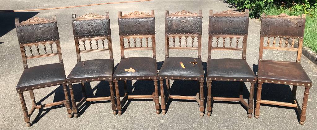 6 chaises Henri II bois noyer et cuir véritable | Puces Privées