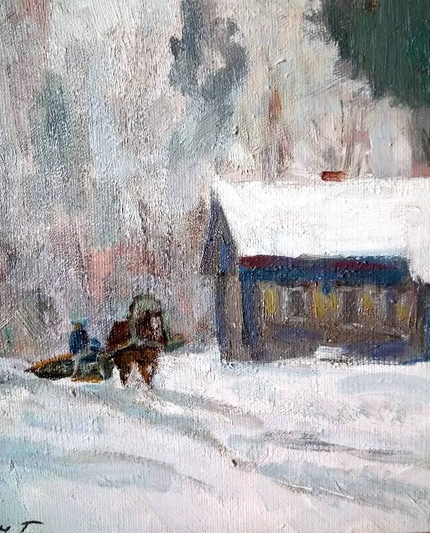 Traineau dans la neige et datcha, Huile sur toile de G. GORDON (1909- ?) vers 1940, cadre argenté | Puces Privées