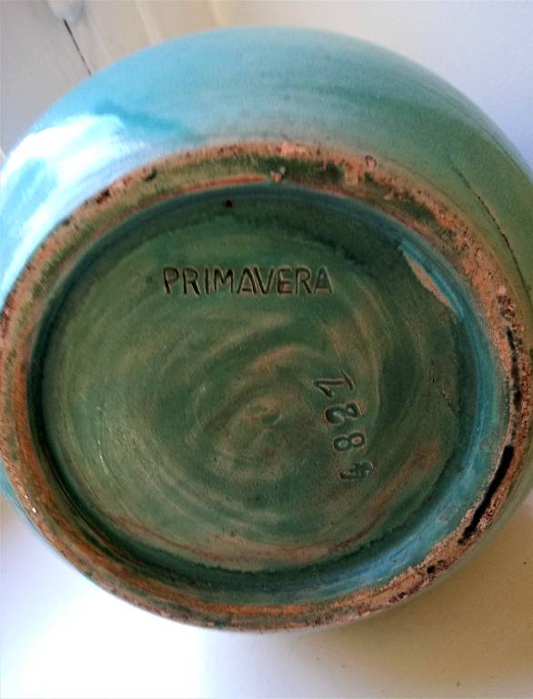 Vase  pansu en céramique turquoise, signé Primavera et numéroté, années 50 | Puces Privées