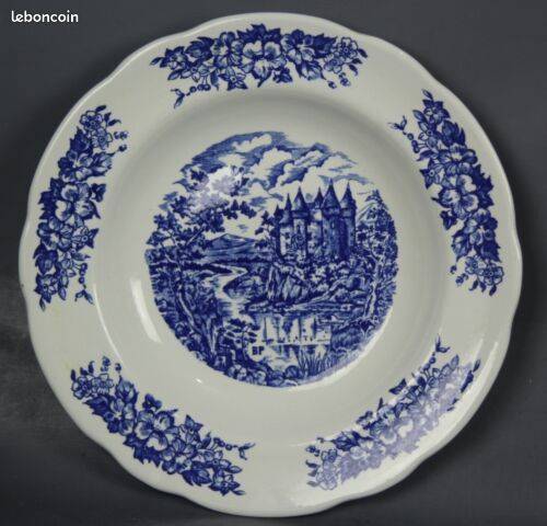 Assiette plates Porcelaine PYROBLAN, BP, décor bleu