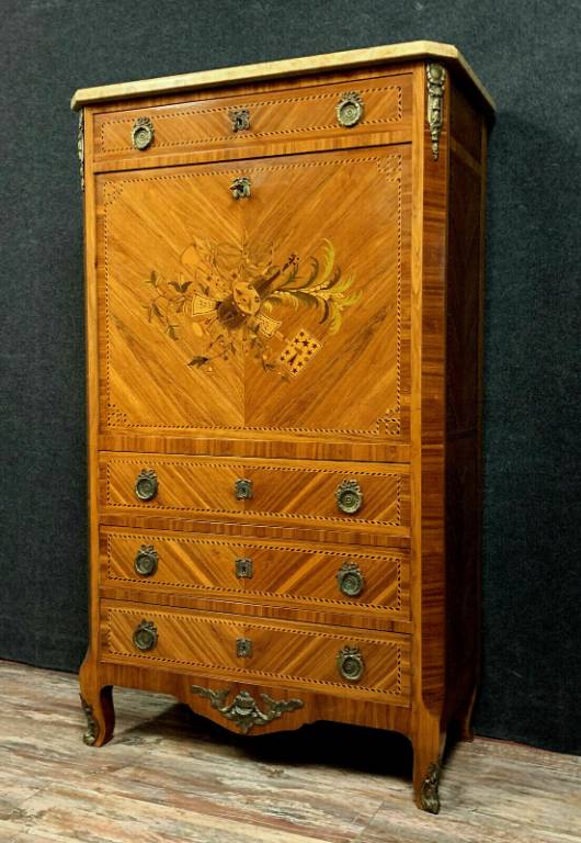 secrétaire Louis XV estampillé au fer en marqueterie de bois nobles vers 1900 | Puces Privées