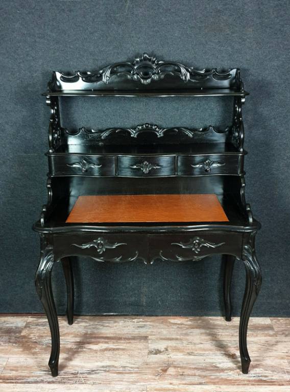 Magnifique bureau bonheur du jour Boulle époque Napoléon III de forme violonée en bois noirci | Puces Privées