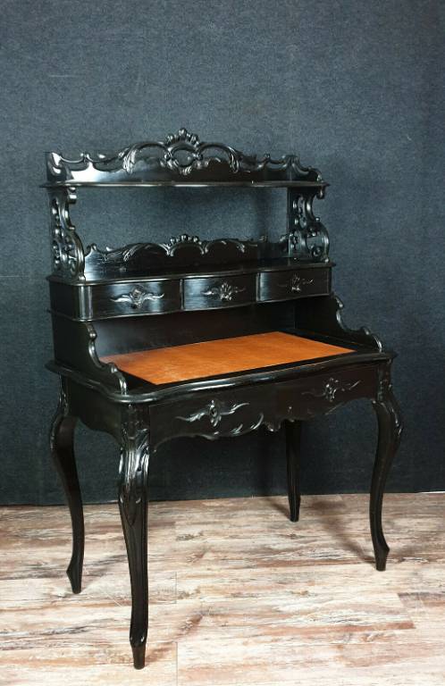 Magnifique bureau bonheur du jour Boulle époque Napoléon III de forme violonée en bois noirci | Puces Privées