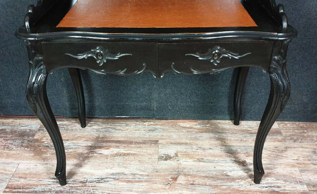 Magnifique bureau bonheur du jour Boulle époque Napoléon III de forme violonée en bois noirci | Puces Privées