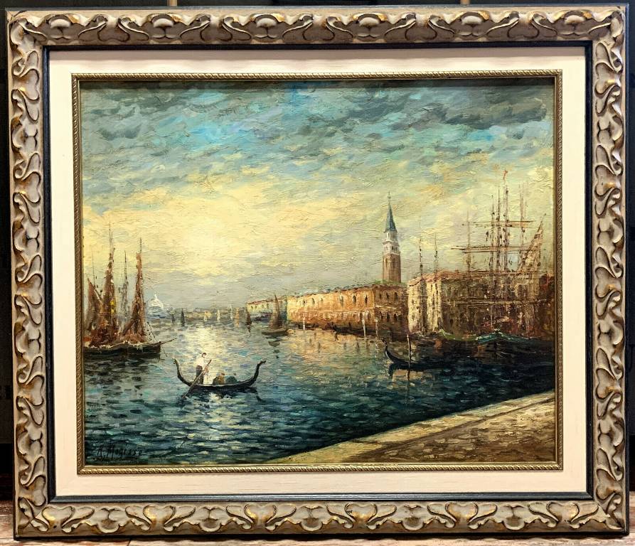 ROBERT MOGISSE (1933), « Venise levé du soleil sur le le Canal », Huile sur toile signée en bas à gauche | Puces Privées