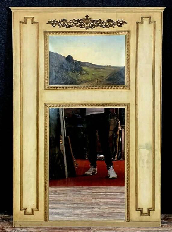 miroir trumeau Louis XVI en bois laqué et doré vers 1880-1900 | Puces Privées