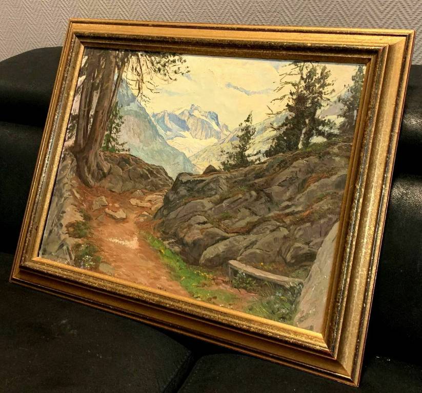 Henri Edouard HUGUENIN-VIRCHAUX (1878-1958)  huile sur toile vue des Alpes depuis un sentier forestier | Puces Privées
