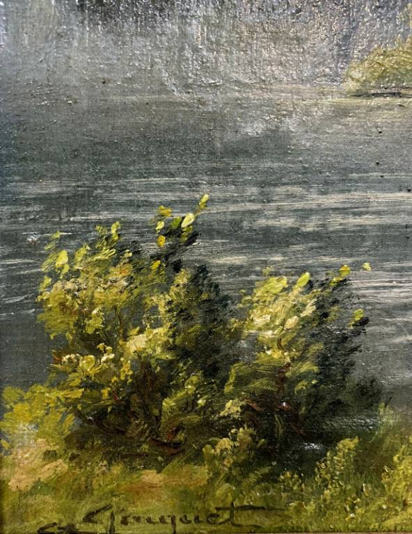 École Française XXe  huile sur panneau paysage lacustre  L'île de l'Épinette vers 1940 | Puces Privées