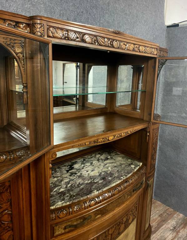 Important et magnifique buffet bibliothéque époque Art Déco de forme demie lune en noyer et loupe | Puces Privées