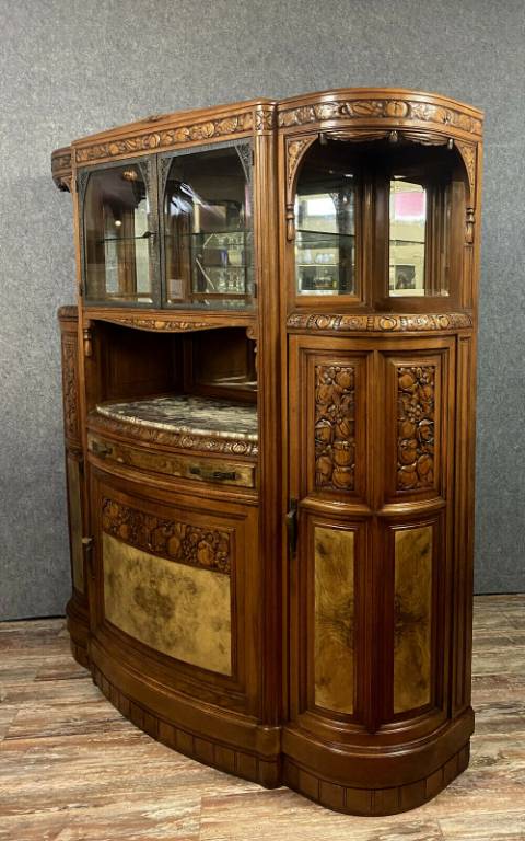 Important et magnifique buffet bibliothéque époque Art Déco de forme demie lune en noyer et loupe | Puces Privées