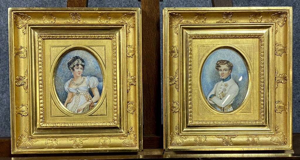 École Française XIXeme  paire d'aquarelles de qualité dans de superbes cadres dorés a palmettes | Puces Privées