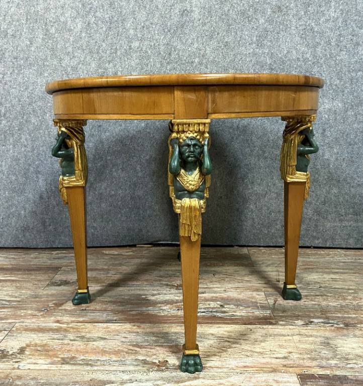 Très Rare table volante d'apparat Empire en acajou blond et cariatides en bois doré et laqué | Puces Privées