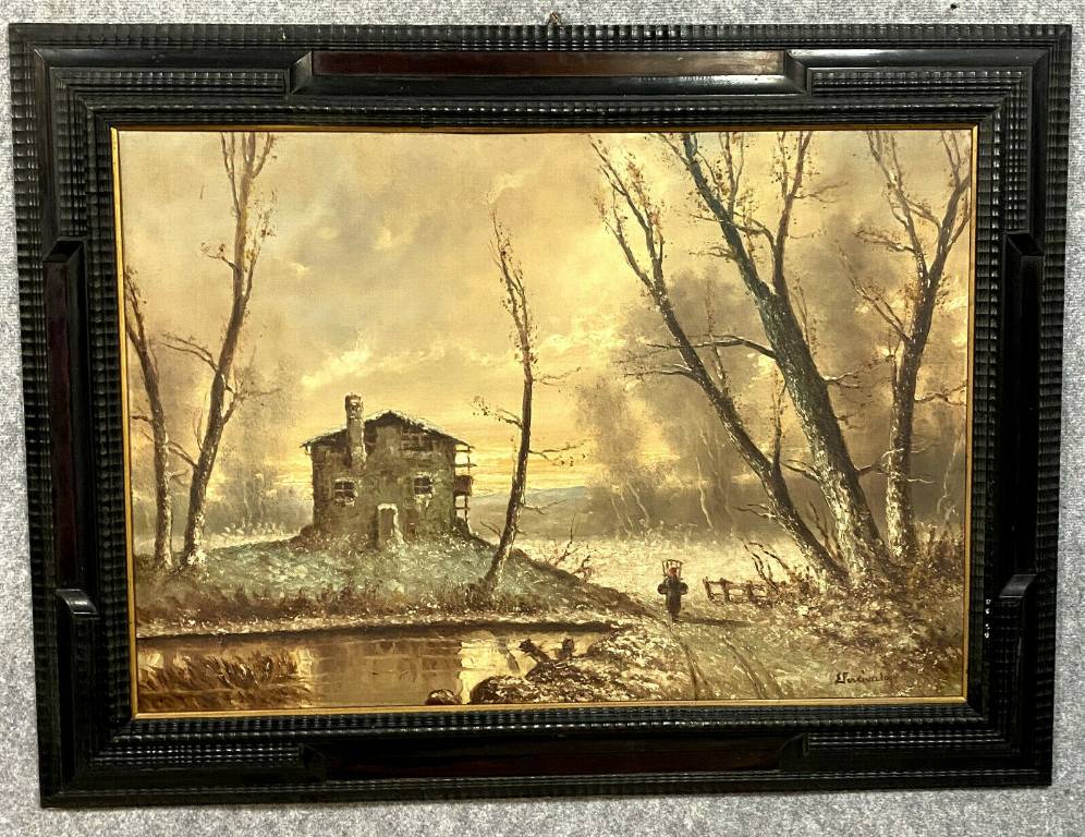 École Italienne XXeme - grande Huile sur panneau figurant un paysage hivernal animé signé Ettore PERCIVALDI | Puces Privées