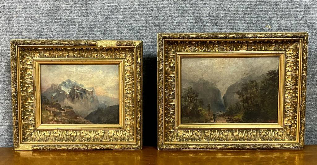 Pendant de tableaux ( huile sur panneau XIXeme ) vue des Alpes en automne et en hivers. | Puces Privées