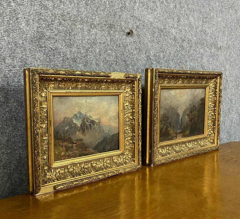 Pendant de tableaux ( huile sur panneau XIXeme ) vue des Alpes en automne et en hivers. | Puces Privées